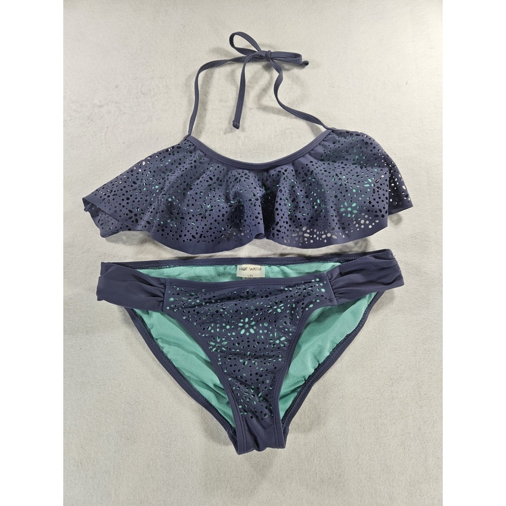 Hot Water Laser Cut 2 Piece Bikini Set L Gray Blue Mint Ruffle Flounce Flirt